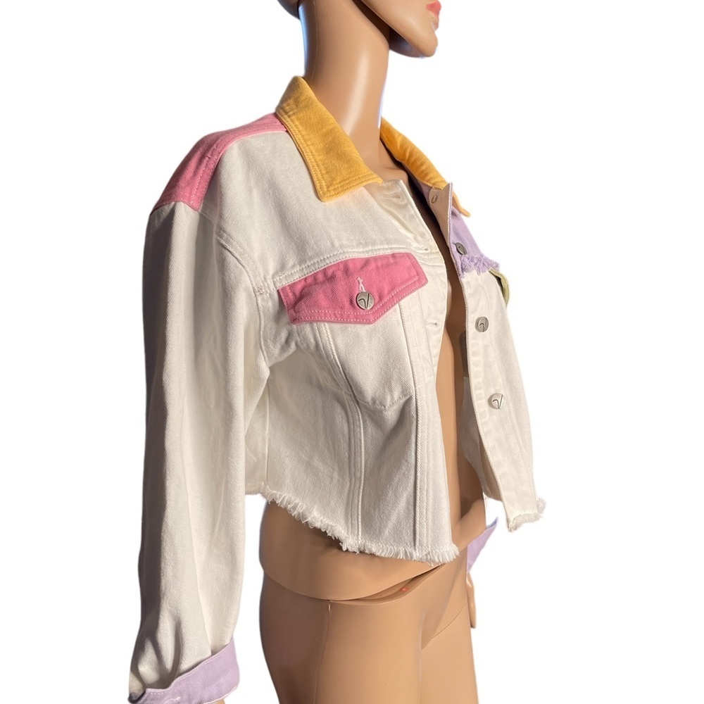 Vigoss Cropped Patchwork Denim Raw Edge Jean Jack… - image 3